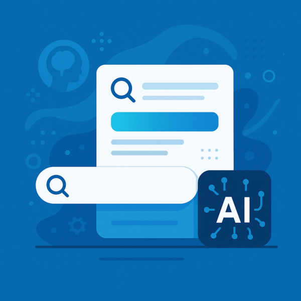 Ilustração digital em estilo flat mostrando elementos de IA e busca, com ícone de inteligência artificial, barras de pesquisa e interface minimalista, representando a evolução da busca moderna com SGE e LLMs.