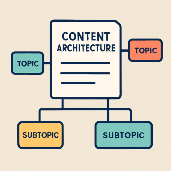 Ilustração em estilo flat mostrando um documento central rotulado como “Content Architecture”, conectado a blocos laterais de “Topic” e blocos inferiores de “Subtopic”, representando a estrutura de clusters e hierarquias de conteúdo.