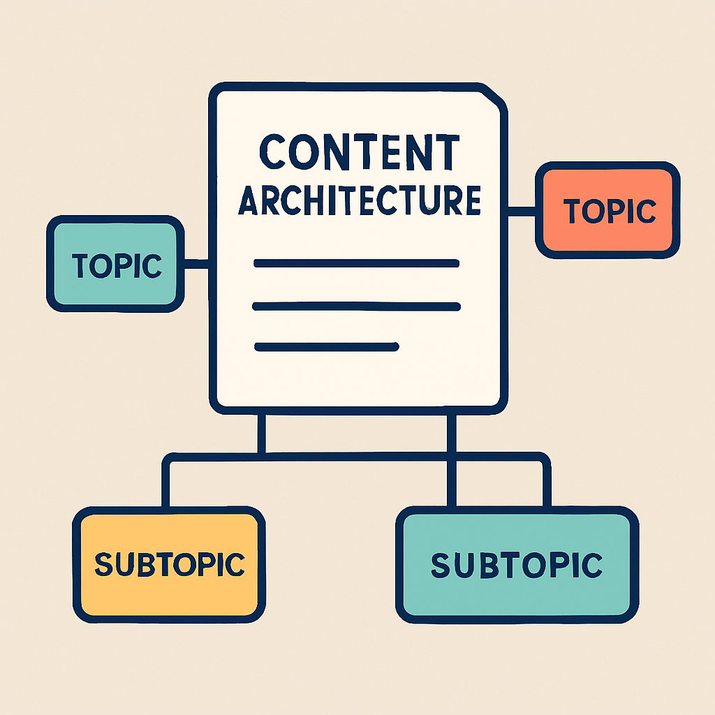 Ilustração em estilo flat mostrando um documento central rotulado como “Content Architecture”, conectado a blocos laterais de “Topic” e blocos inferiores de “Subtopic”, representando a estrutura de clusters e hierarquias de conteúdo.