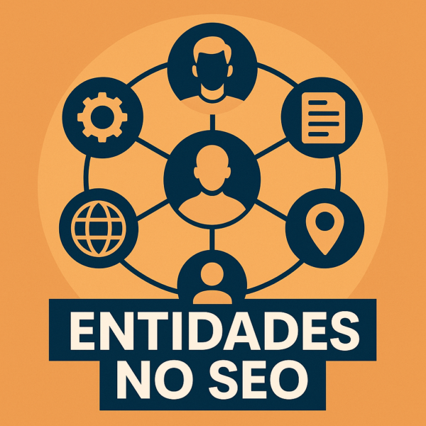 Ilustração em estilo flat mostrando entidades conectadas dentro de uma matriz digital azul com setas, nós e blocos representando relações semânticas e estrutura de conhecimento no SEO.