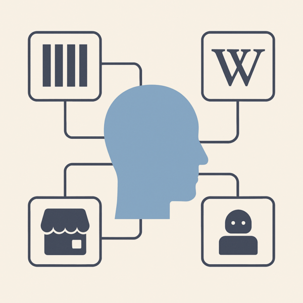 Ilustração digital minimalista em estilo flat mostrando um ícone central de identidade conectado a superfícies como Google Business Profile, Wikipedia e Wikidata, representando a construção de entidade de marca.