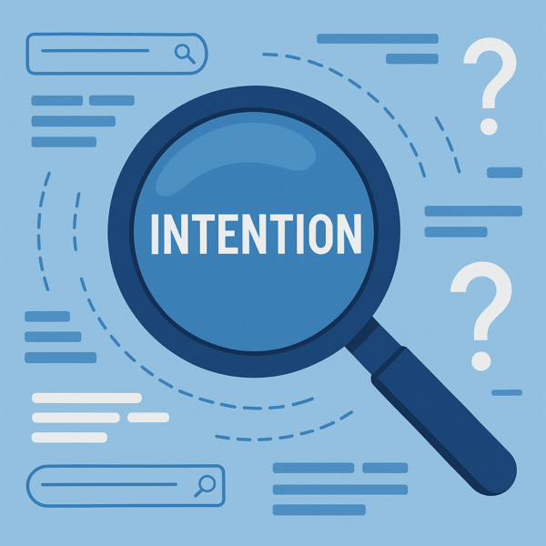 Ilustração em estilo flat mostrando uma lupa destacando a palavra “INTENTION”, cercada por ícones de busca, interrogações e linhas pontilhadas que representam variações e caminhos da intenção de busca.