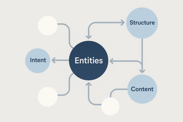 Diagrama mostrando entidades, estrutura, conteúdo e intenção no SEO em 2025