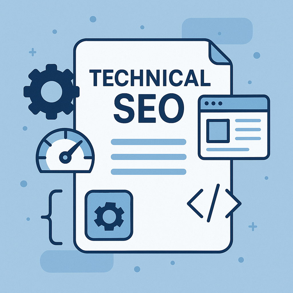 Ilustração em estilo flat com um documento marcado como “Technical SEO”, acompanhado de ícones de velocidade, engrenagem, navegador e código, representando performance, estrutura técnica e otimização de sites.