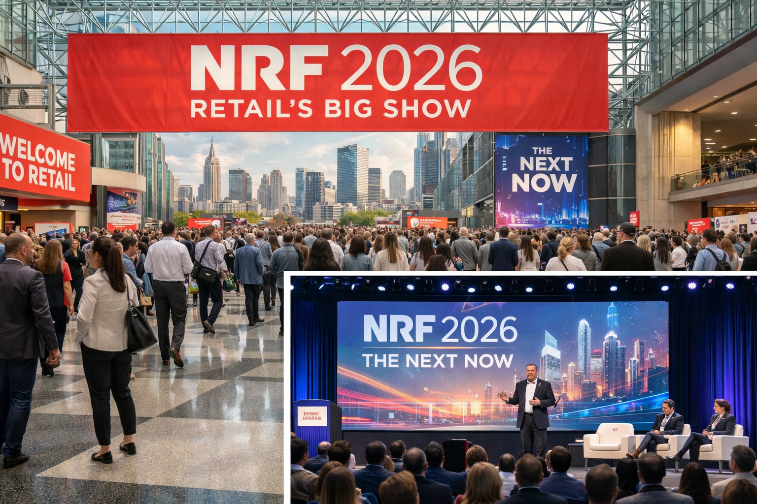 Evento NRF 2026 que acontece em Nova York, unindo as maiores emrpesas do mundo para discutir sobre inovação e tendencia do varejo